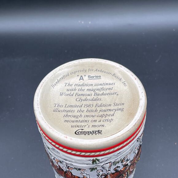 1985 "A" Series Anheuser Busch Budweiser Holiday Beer Stein Clydesdale Ceramarte - Picture 7 of 11
